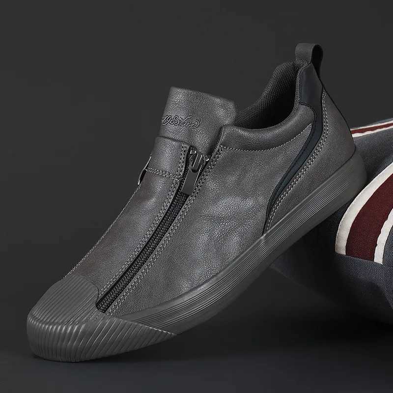 Winter Men Leather Casual Shoes Fashion Double Zipper High Tops Flat Shoes Slip on Plush Male Sneakers Loafers Tenis Masculino M240925
