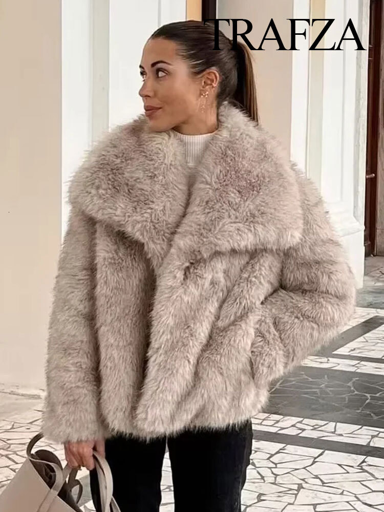 TRAFZA Women's Fashion Faux Fur Cropped Coat Autumn Winter Lapel Long Sleeve Thick Warm Jacket Female Chic Outerwear
