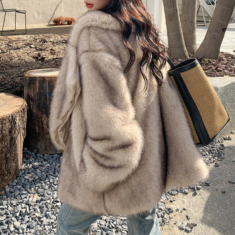Oversized Lapel Fluffy Coat Women Winter Warm Solid Faux Fur Jacket Long Brand Loose Party Outwear Fashion Clothes