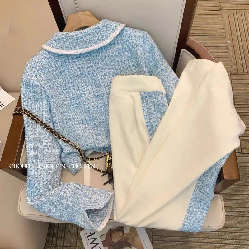 Spring Fashion Elegant Peter Pan Collar Chic Tassel Vintage Women Coat Blue Tweed Jacket High Waist Long Pants Two Pieces 240926
