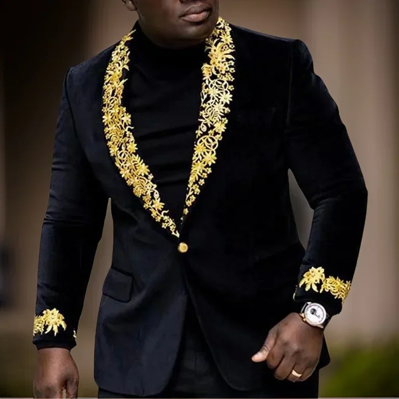 Floral African Blazer for Men Slim Fit Party Black Velvet Smoking Men Suit Jacket 1 Piece Male Fashion Costume 2024