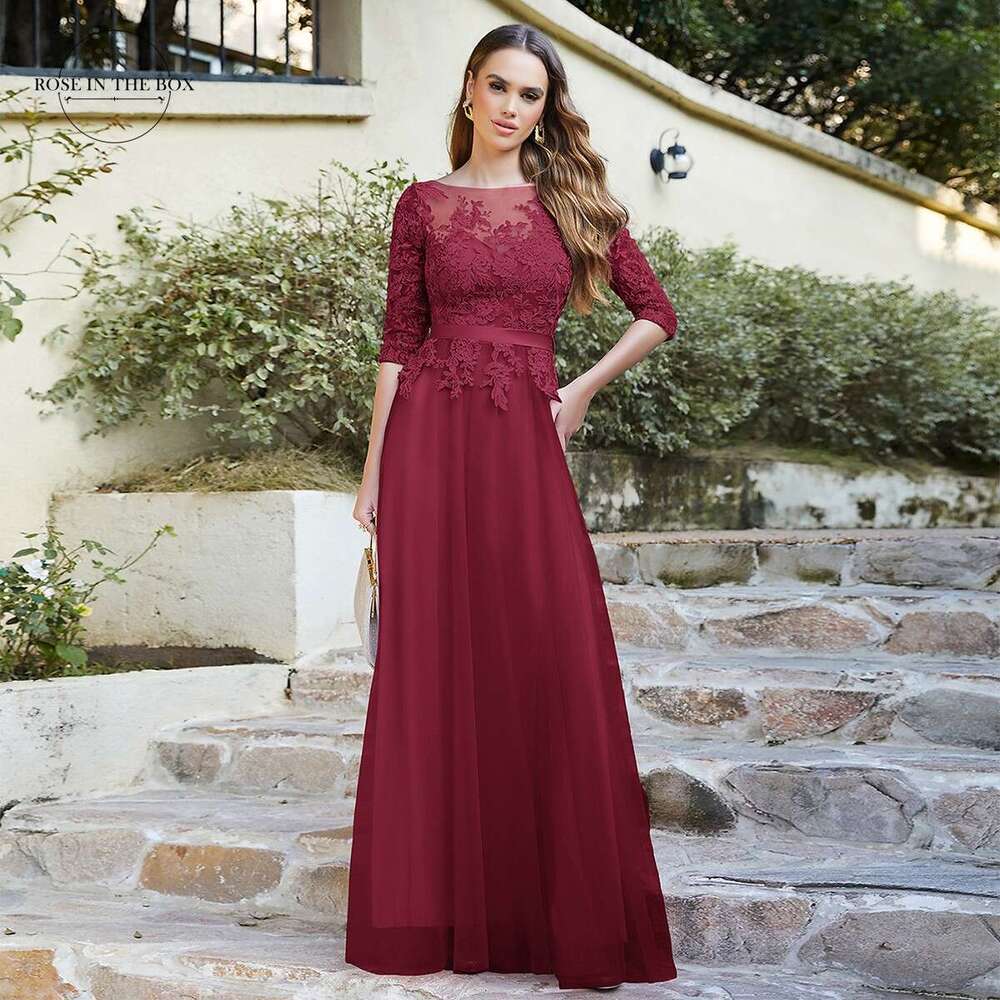Elegant A e Tulle Long Bridesmaid Dresses For Women Half Sleeve Lace Applique Bury High Split Guest Party Gowns CPS470