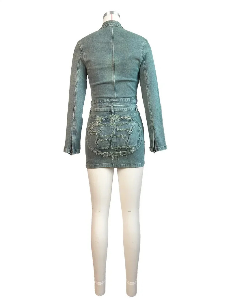 Tassel Letter Embroidery Denim 2 Piece Set Women Autumn Stand Collar Long Sleeve Zipper Jacket Tops Mini Skirts Jeans Suits 240923