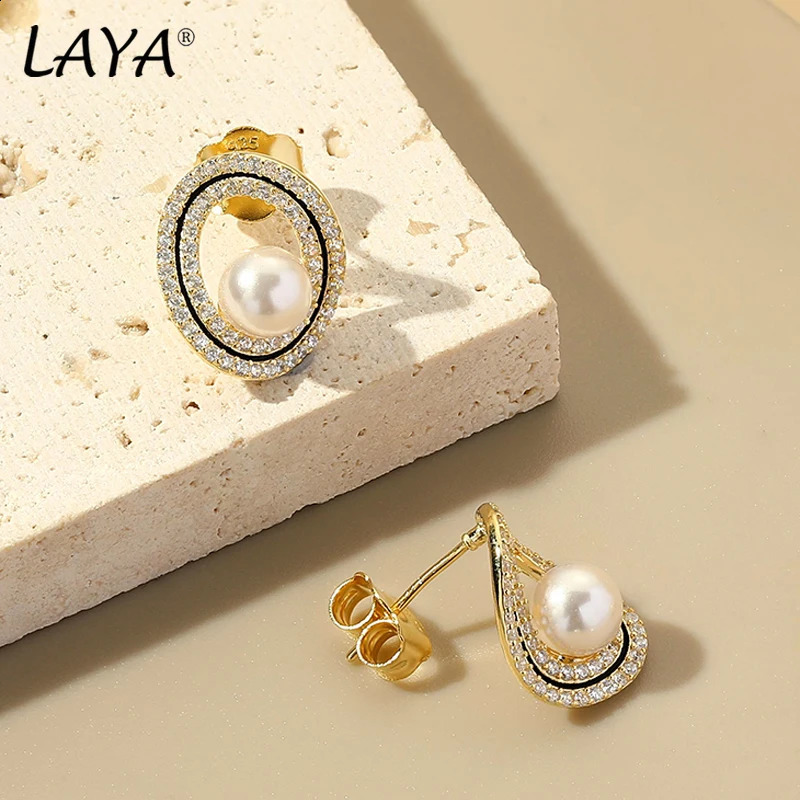 LAYA 100% 925 sterling silver minimalist pearl earrings suitable for womens sparkling zircon perforated earrings exquisite Korean jewelry 240925