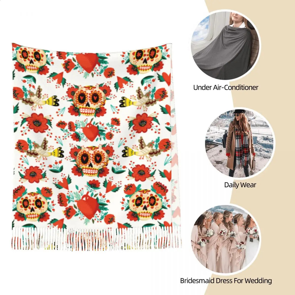 Womens Tassel Scarf Sugar Skull Halloween Mexican Long Winter Warm Shawl and Wrap Folk Style Reversible Pashmina Scarves 240914