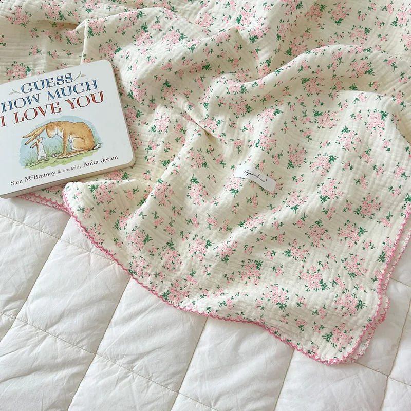 Retro Pink Flower Plain Infant Blanket born Cotton Gauze Packaging Receiving Blanket Handcart Cover Baby Bed 240924