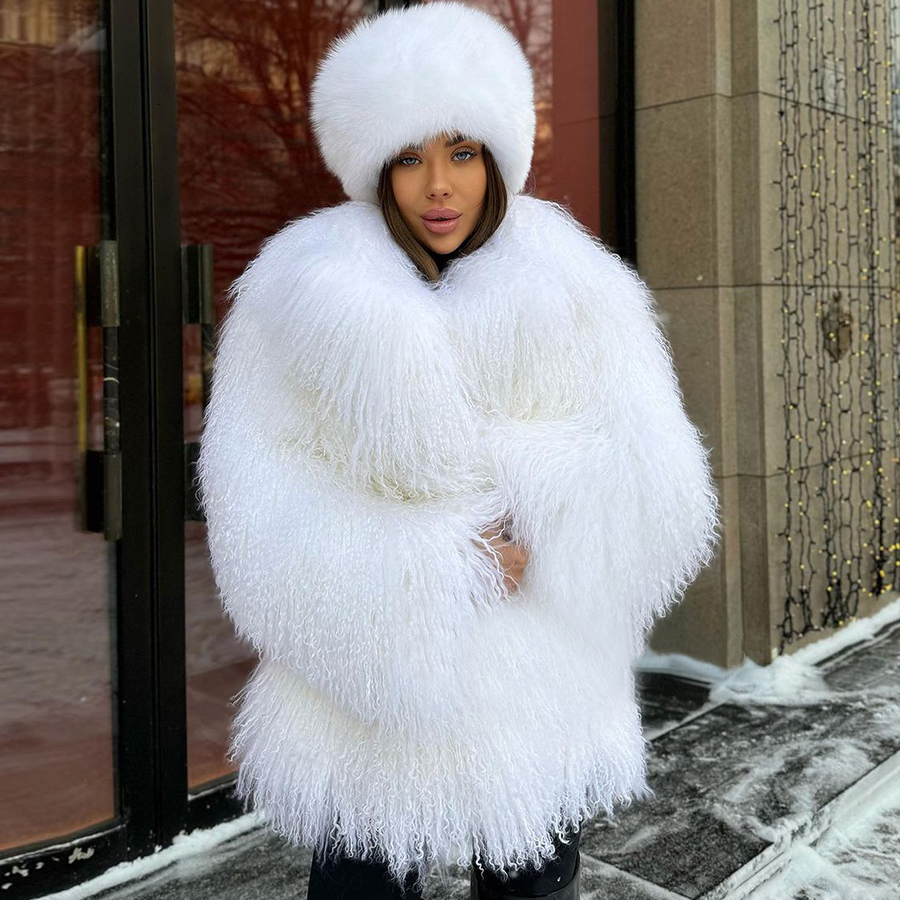 Genuine Mongolian Fur Jackets White Ladies Sheep Skin Coat With Turndown Collar Womens Clothing