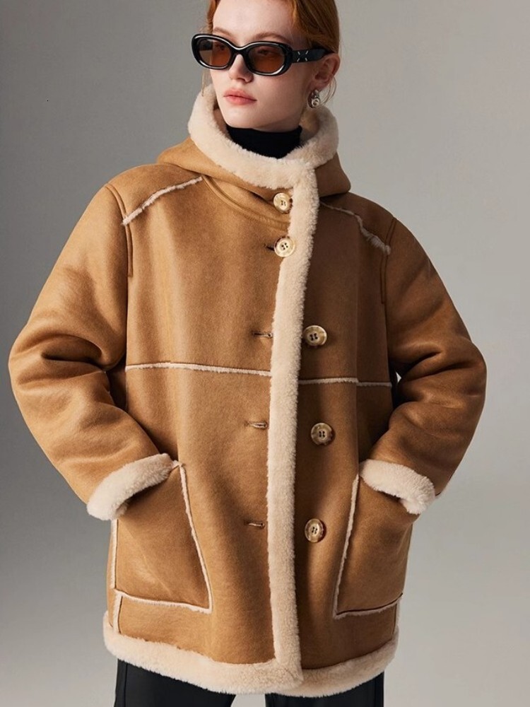 Women Coat Winter Thicken Warm Casual Hooded Suede Lambswool Overcoat Long Sleeve Single Breasted New Office Ladies Wool Jacket