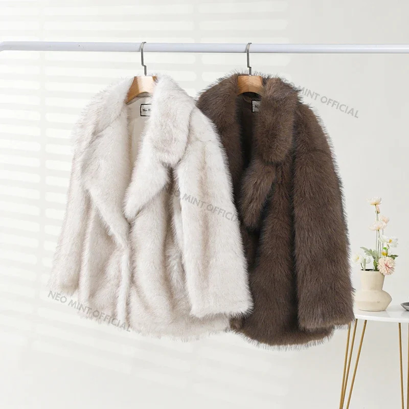 Neo Mint 2024 Winter Faux Coat Women Brand Fashion Fluffy Fox Fur Outerwear Overcoat Girl Street Style Furry Warm Jacket