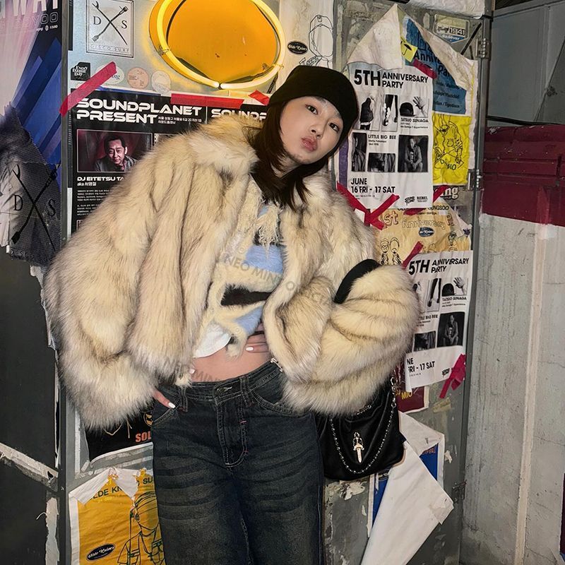 Neo Mint 2024 Winter Fluffy Gradient Faux Coat Women Thicken Warm Fox Jacket Girls Streetwear Style Furry Fur Overcoat
