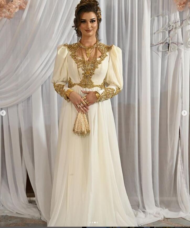 Long Sleeve Luxury Prom Dresses 2025 Algerian Melhfa Gold Applique Crystal Arabic Evening Formal Gown Algerian Outfits Karakou