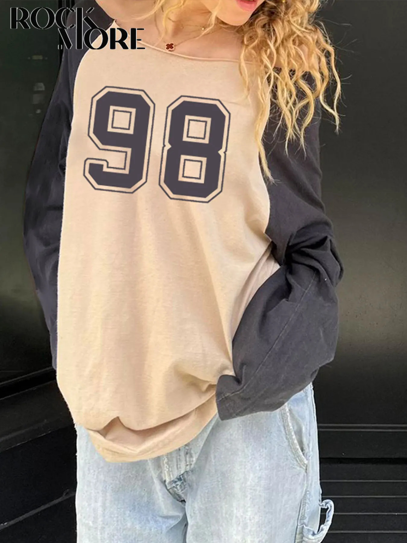 Rockmore Y2K Street Clothing Patch Work Digital Printing Long Sleeve Autumn Fashion Casual Oversized Top Retro Fashion Basic T-shirt 240926
