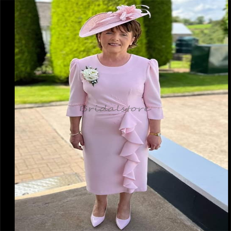 Fashion Pink Mother Of The Bride Dress With Sleeves Elegant O Neck Beaded Tea Length Wedding Guest Dress Chiffon Short Evening Groom Mom Birthday Part