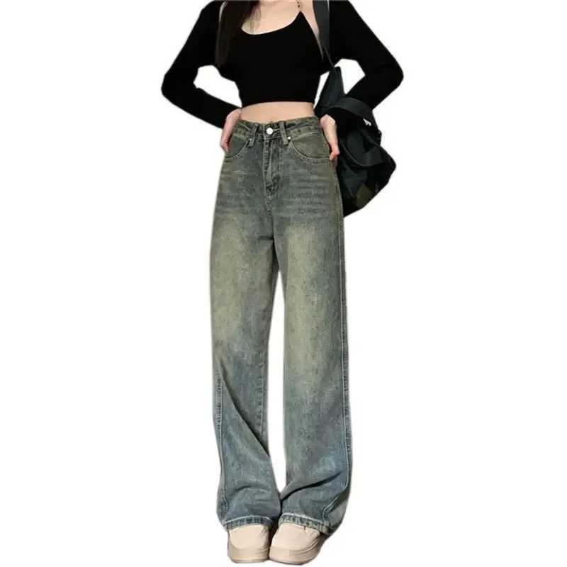 Vintage High-waisted Slimming Jeans American Style Casual Bell Bottoms Versatile Straight-leg Long Pants For WomenX2409