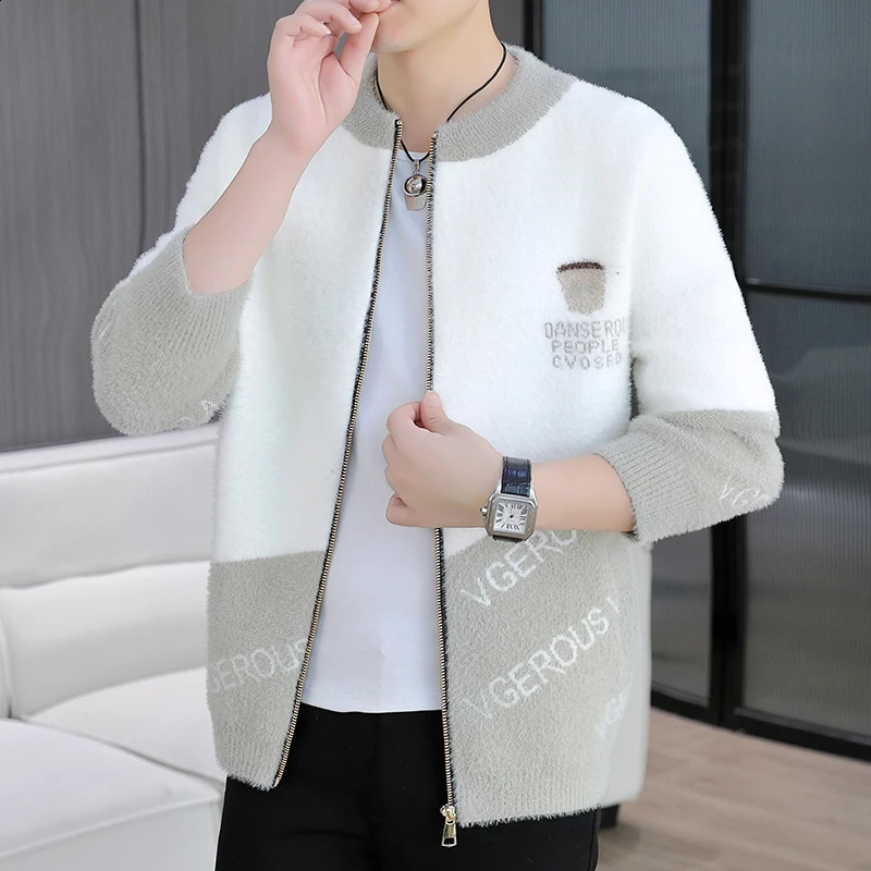 Mink Plush Thickened Round Neck cardigan Sweater Mens Autumn Winter Loose Print Patchwork Fashionable Knitted Zip Coat