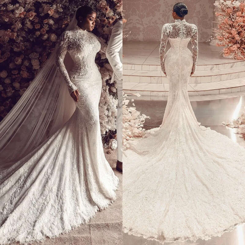 Chart Vintage Dress Mermaid High Neck Fulllace Long Sleeves Plus Size Wedding Dresses Bridal Gowns Button Back Sweep Train Lacefull Robe De Mariage Es