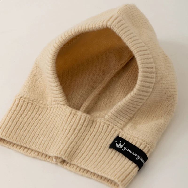 Cartoon Baby One Piece Hat Scarf Winter Warm Knitted Ear Protection Bean Cute Solid Color Childrens Balaclava 240925