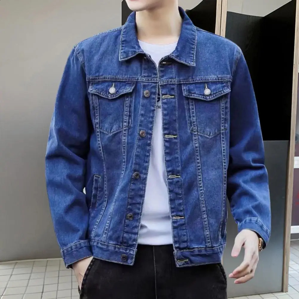 mens denim jacket with retro classic style motorcycle winter slim fit elastic cotton casual jeans spring 240921