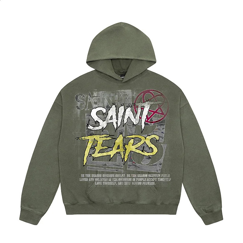 Classic Letters Graffiti Print Saint Tears Hoodie Hooded Men Women Quality Cotton Washed Green Oversized Pullovers 240920