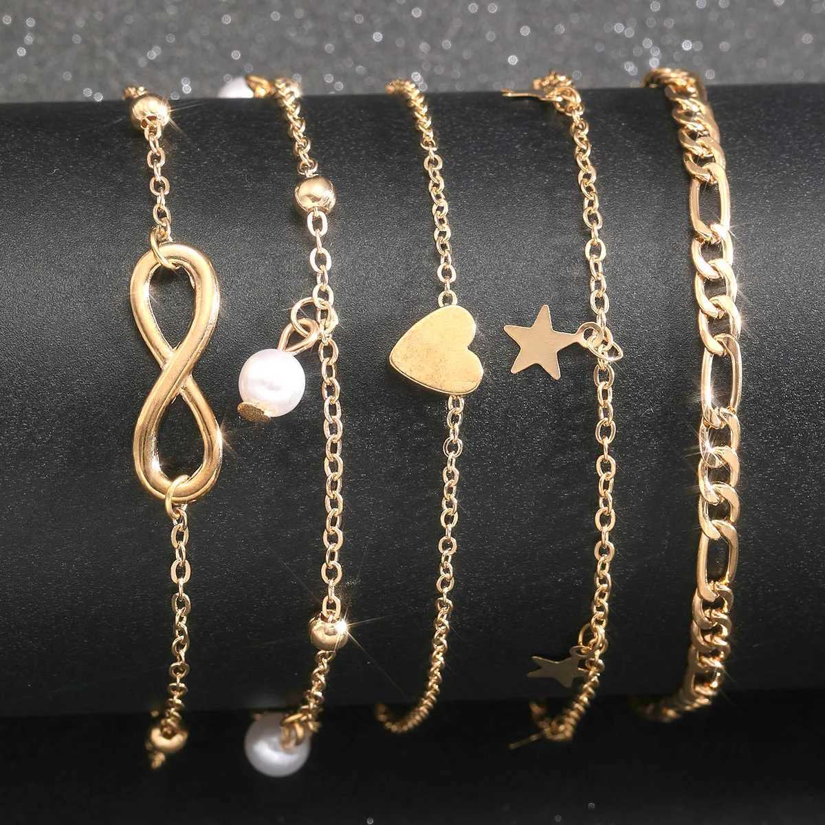 Bohemia 3PCS5Pcs for Retro Set Multilayer Women Tassel Vintage Anklet Pearl Butterfly Star Heart Pendant Foot Bracelet Beach JewelryX2409