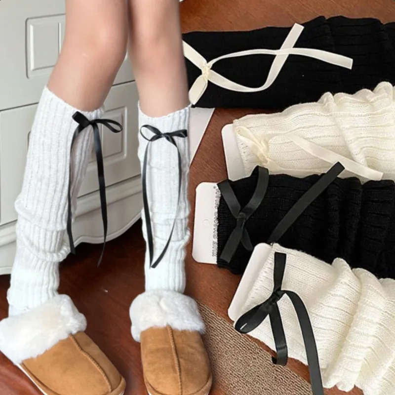 Vintage Womens Leg Warmer Autumn Winter Ribbon Lolita Black Knee Long Socks Y2K JK Sweet Knitted Girl White 240925