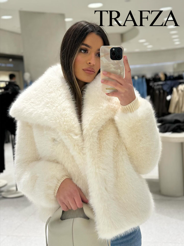 TRAFZA Women's Fashion Faux Fur Cropped Coat Autumn Winter Lapel Long Sleeve Thick Warm Jacket Female Chic Outerwear