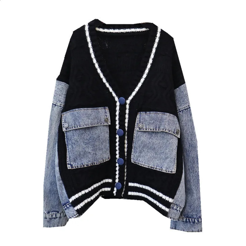 Fashion womens patch work denim pocket knitted striped cardigan autumn fashion Vneck long sleeved sweater 1LS022 240923