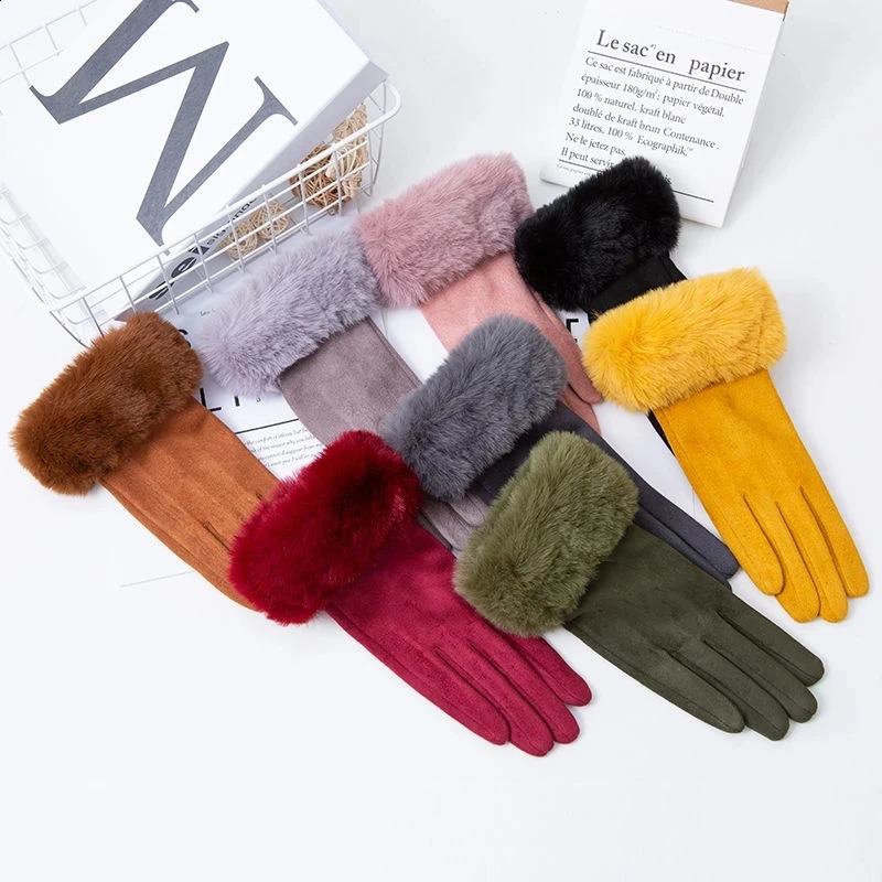 Korean Suede Leather Sports Cycling Warm Gloves Womens Winter Plus Velvet Thicken Full Finger Touch Screen Driving Mittens H92 240914