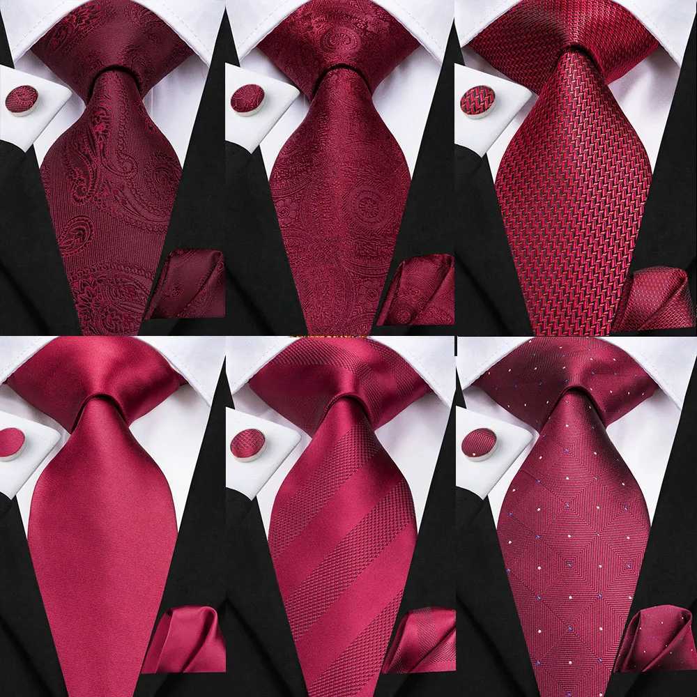Hi Tie Mens Gift Tie Set Red Wine Burgundy Paisley Silk Wedding Tie Mens Fashion Design High Quality Hanky Cufflinks Drip Y240925