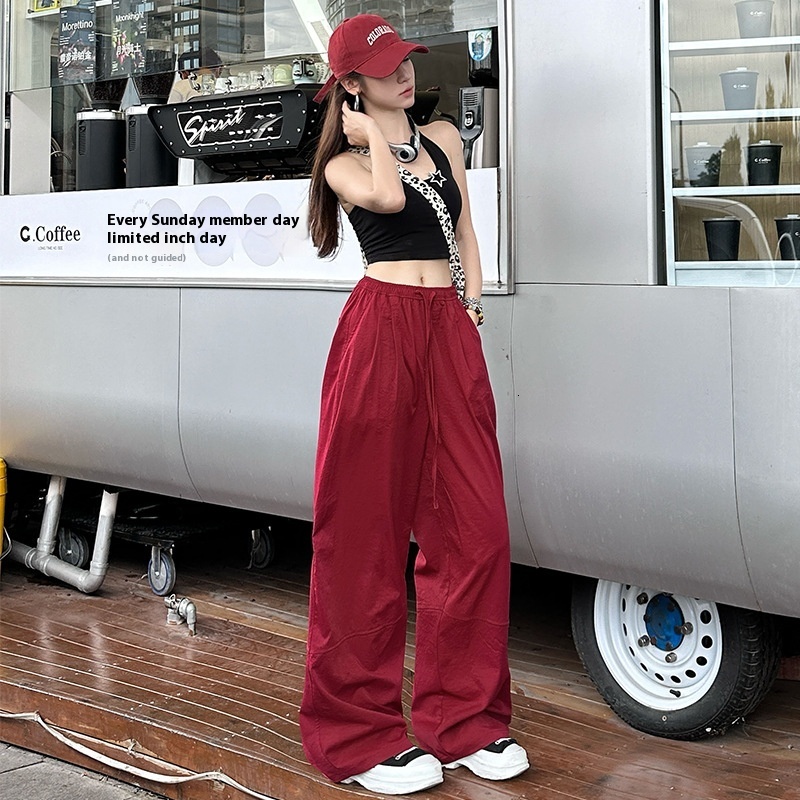 Quick drying sports for women, 2024 autumn new product, high waisted loose casual pants, hanging red straight American wide leg pants
