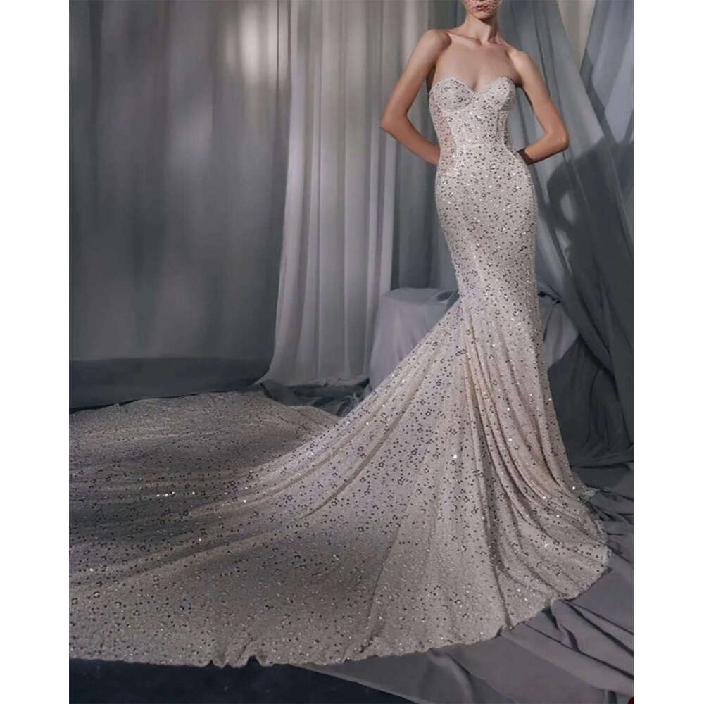 Unique Dresses Mermaid Strapless Sequined Backless Sleeveless or-Length Sparkg Bride Wedding Dress Custom Made