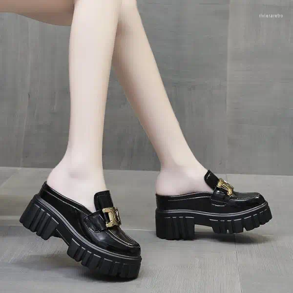 Slippers Shoes Women Square Heel Cover Toe Summer Loafers Luxury Slides Pantofle Soft Block Designer Fashion Wome