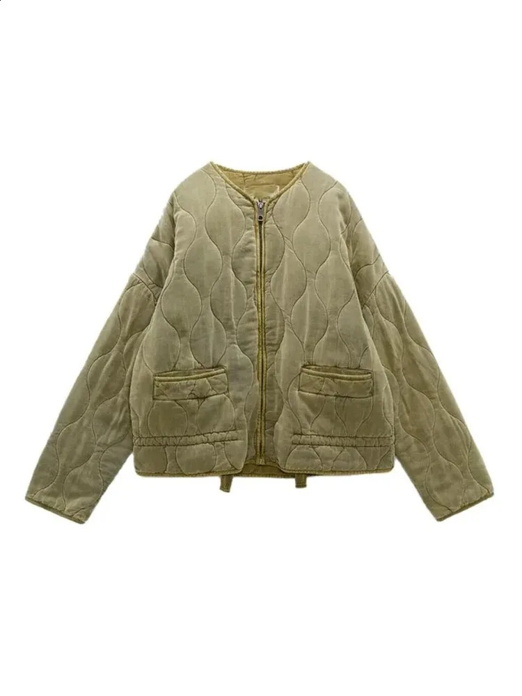 TRAF Womens Diamond Plaid Cotton Jacket Round Neck Loose Long Sleeve Zipper Retro Street Fashion Pocket Warm Top 240925
