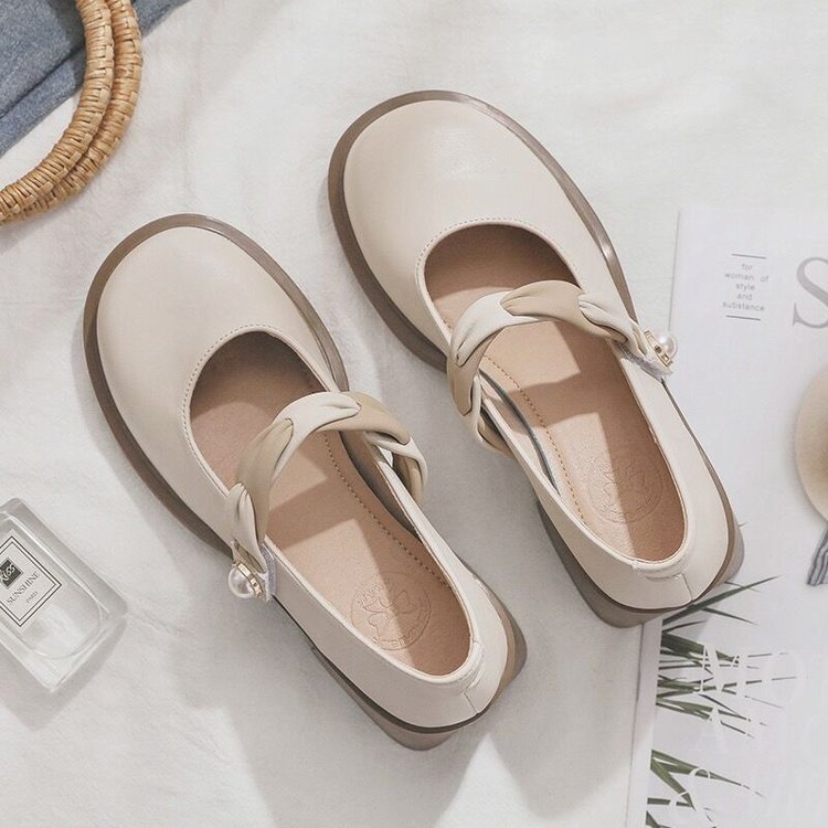 High Chunky Heel Leather Shoes: Solid Gentle Style Comfort Triple Beige 65e2