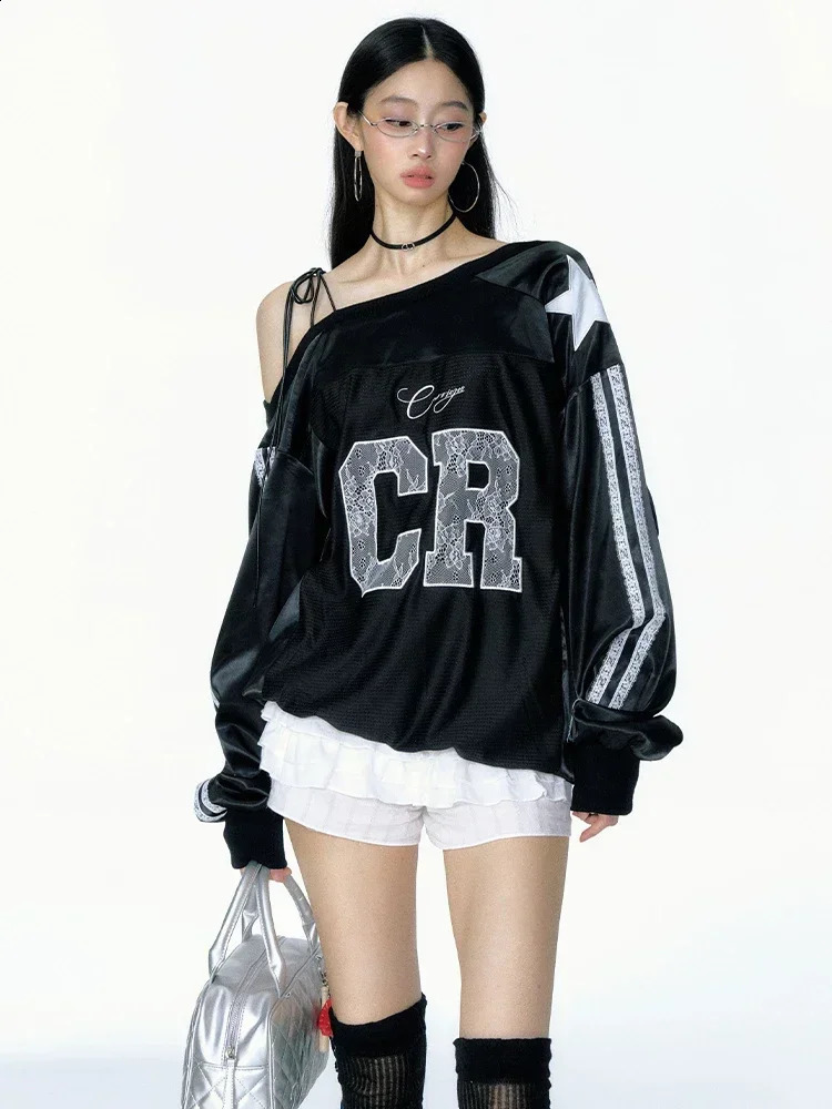 DEEPTOWN Y2K oversized sportswear womens autumn streetwear retro letter printed sexy lace shoulder sports top Kpop 240926