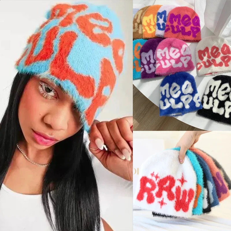 Latest Y2K unisex warm bean hat plush letter jacquard rabbit fur cashmere skull Ins soft fuzzy personalized bean hat 240926