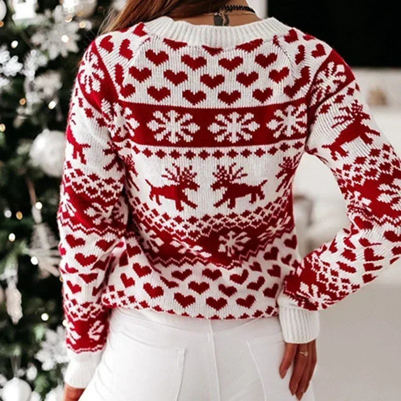 Xmas Look 2024 Women Christmas Sweater Print Jacquard Knitted Jumper Full Sleeve O Neck Warm Soft Pullover Tops Female Knitwear 240927