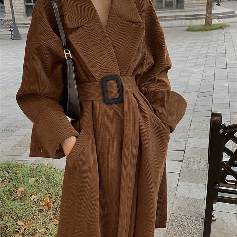 Lautaro Spring Autumn Long Brown Black Striped Oversized Trench Coat for Women Belt Clothes Runway Fashion 240926