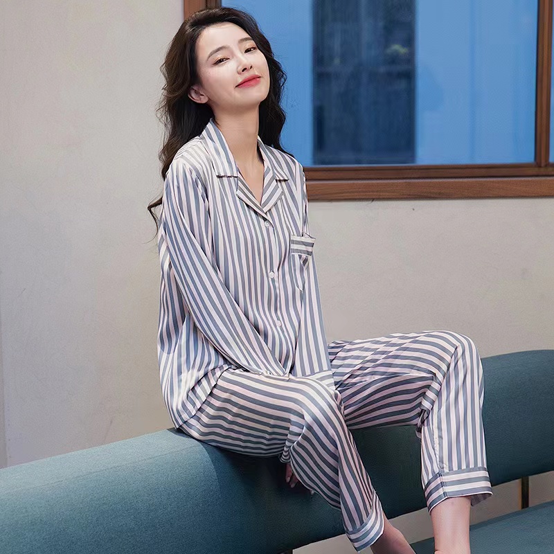 Autumn 2 Pieces ice Silk Striped Cardigan Pyjama Womens Pamas Sleepwear Sets Spring Summer VS Homewear 240415