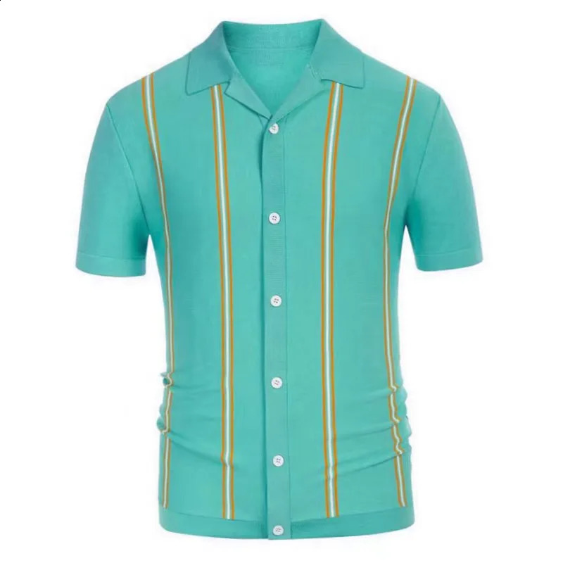 Summer Men Clothing Knit Short Sleeve Polo Shirt Casual Classics Stripes Lapel Button Slim Fit Cardigan Breathable Tops 240927