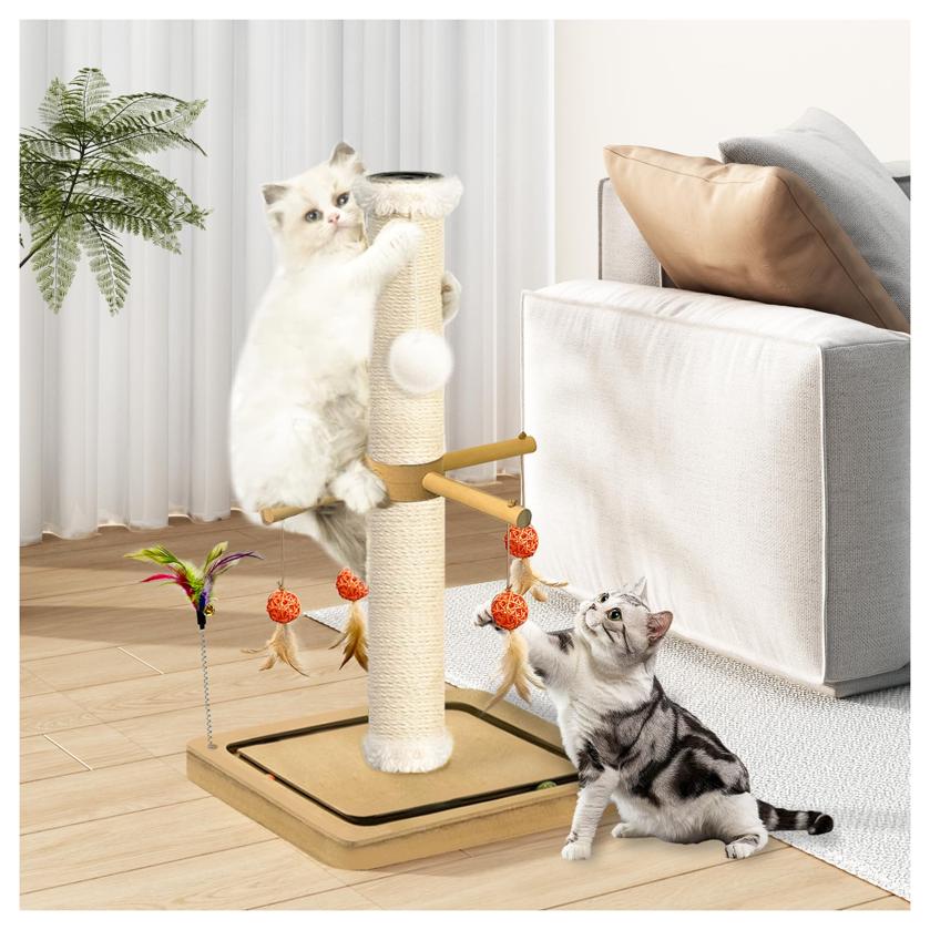 Post, Sisal Scratching Posts Indoor Cats Adults with Hanging Ball and Interactive Toys, 2 Mounting Methods Cat Scratcher for Kitten Cats, 25 inches