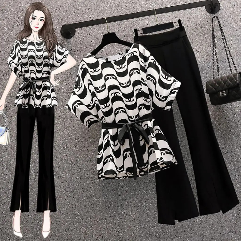 Fashionable and Elegant Chiffon Shirt Womens Summer Oversized Belly Covering Top Micro Flared Pants Twopiece Set 240927