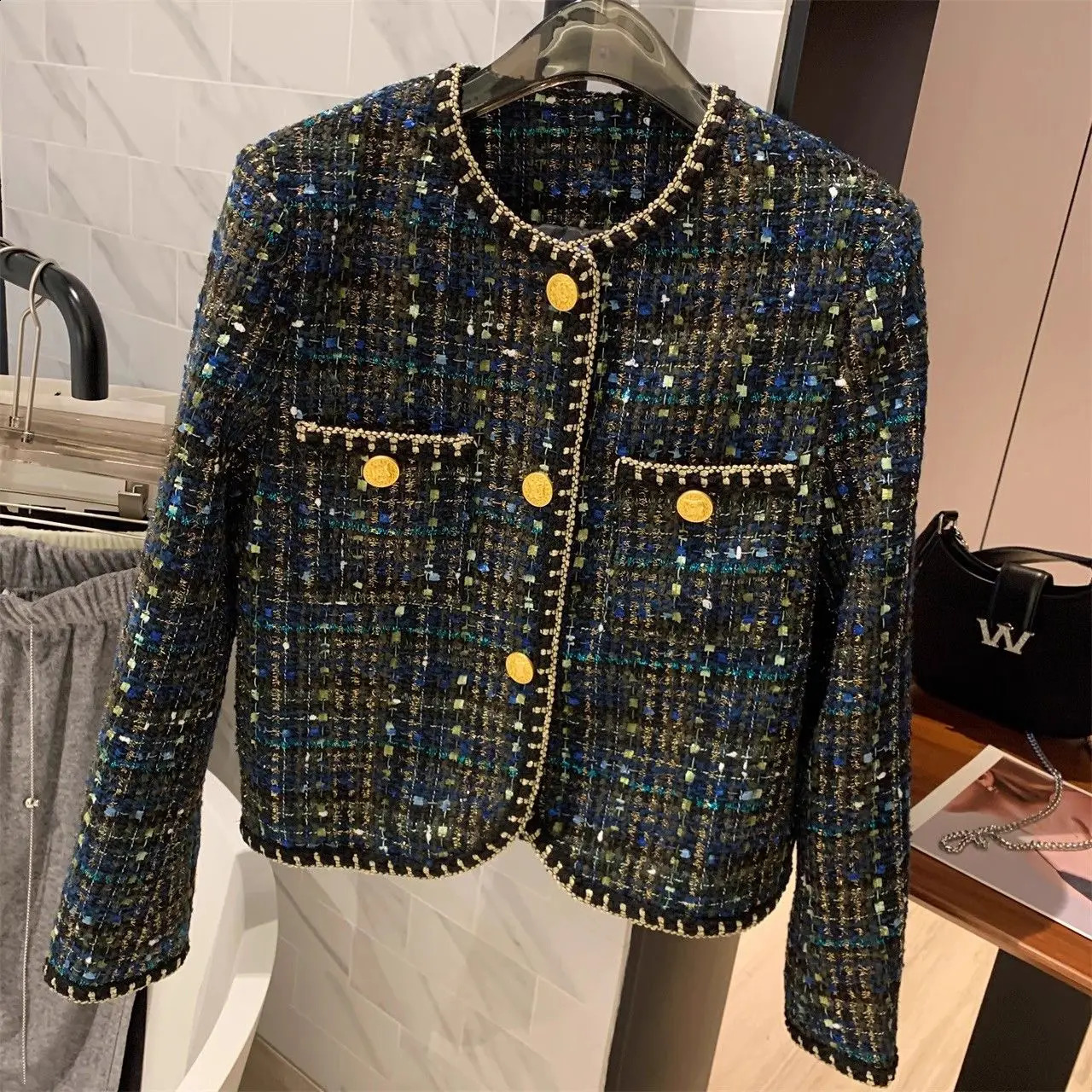 Exotic blue womens tweed small perfume short coat spring and summer gold button bright line 240926