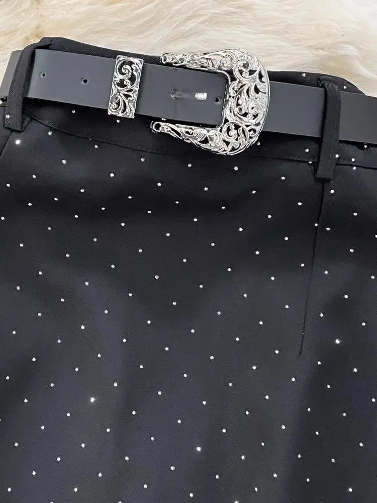 Elegant Drill Black Two Piece Set Women Short Puff Sleeve Dot See Through Chiffon Blouse Shirt Belt Long Split Skirt Suits 240927