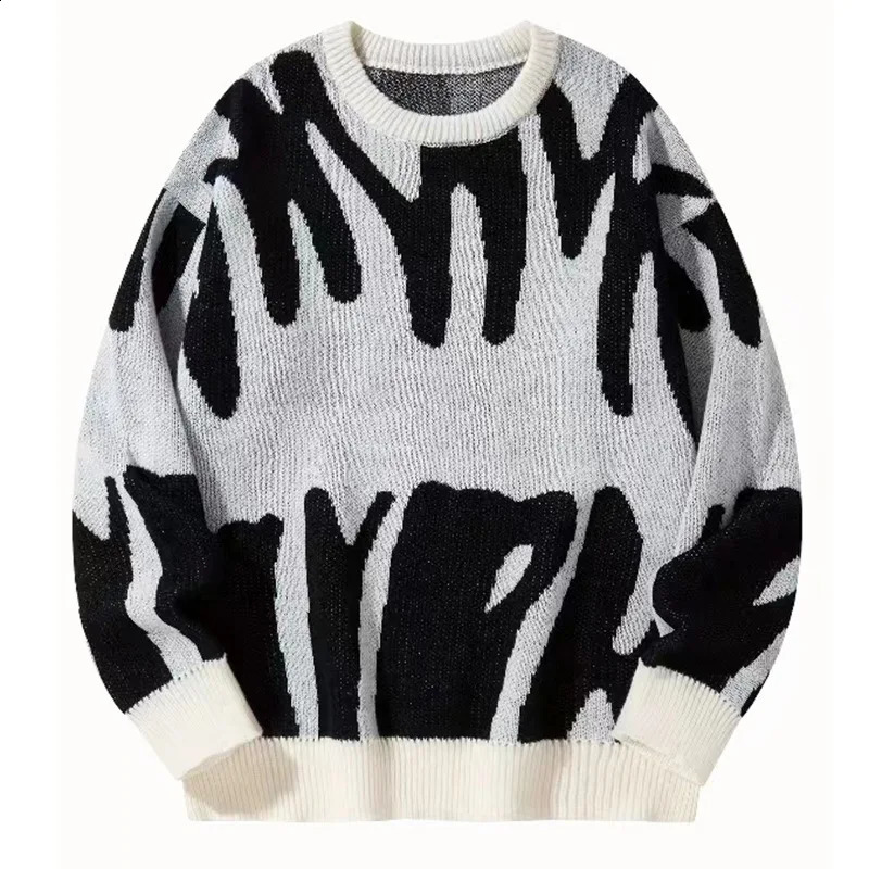 Winter Mens Korean Trend Round Neck Loose Colorblocking Sweater Vintage Y2K Casual Personality Hip-Hop Street Knit Tops 240927