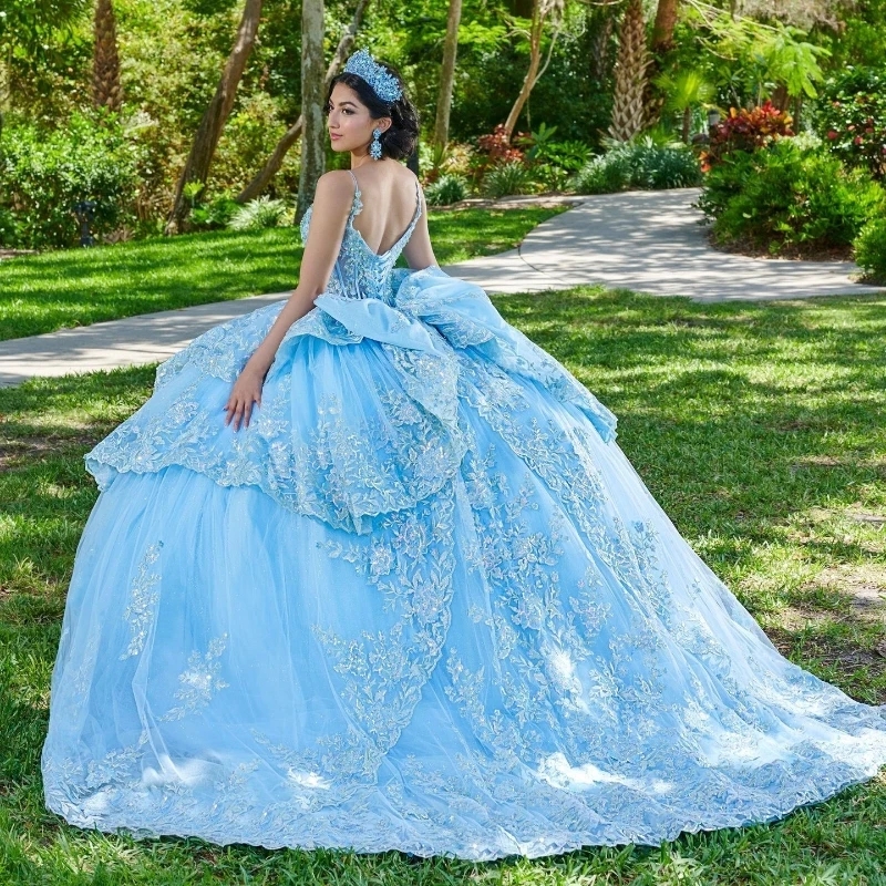 Sky Blue Shiny Quinceanera Dresses Sweet 16 Dress Lace Applique Beads Tull Off Shoulder Lace-up Ball Gowns With Cape Vestido De 15 Anos