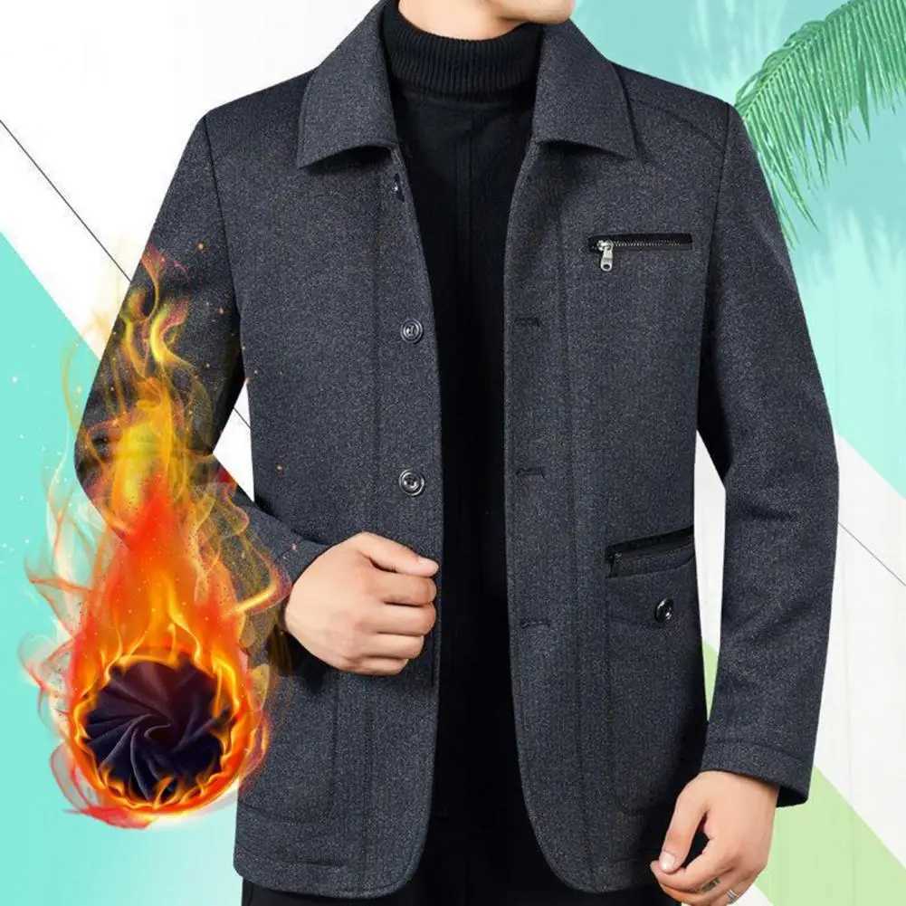 Casual Jacket Mens Thick Plush Lapel Jacket with Zipper Pockets Warm Winter Coat for Father Plus Size Mid Length for AutumnX240926