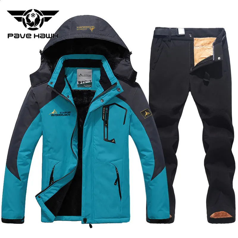 Winter skiing suit mens thick waterproof windproof hooded skiing jacket pants wool outdoor mountain skiing board skiing suit set 240914 - view 5