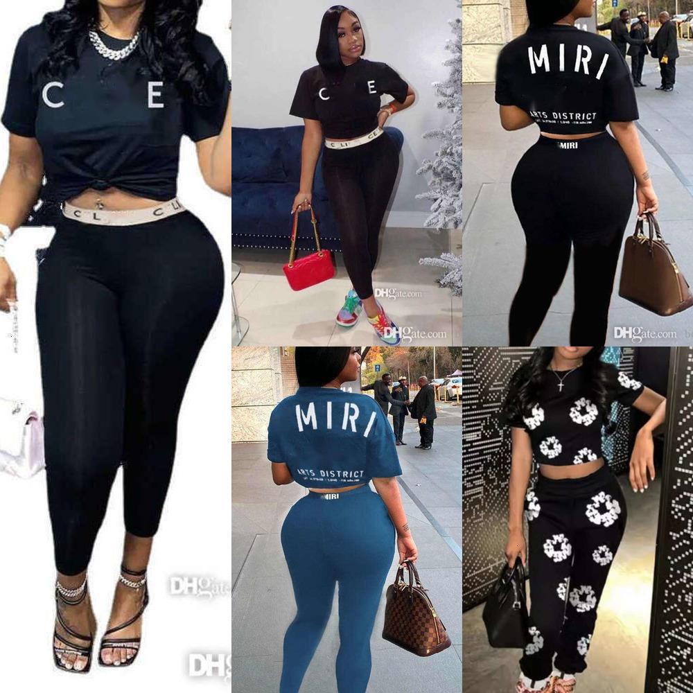 Designer Tracksuit Women Sports Two Piece Set Letter Printed Brand Matching Sets Short Sleeve Crop Top And Pants Party Night Birthday Outfits