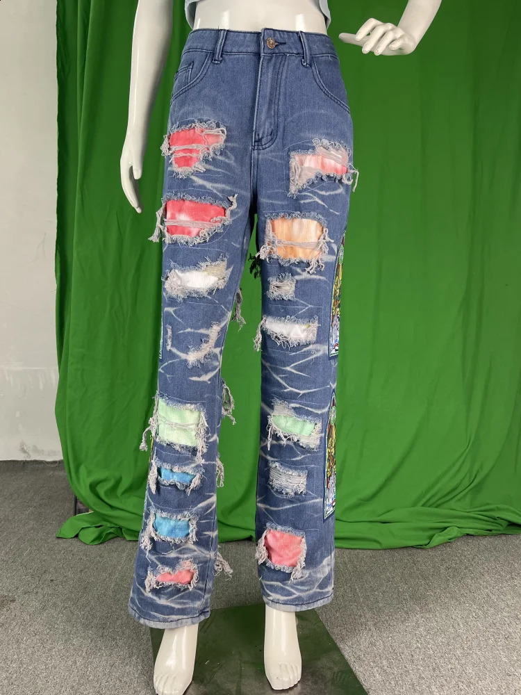 CM. YAYA Street Jeans Womens Eye Patch Work High Waist Zipper Flying Jeans 2024 Tear Trouser Street Tight High Waist Pants 240927
